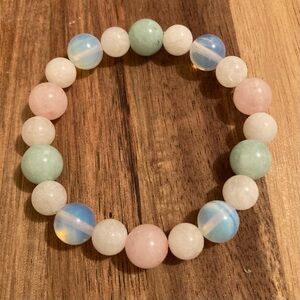 Handmade Beaded Bracelet w/ Rose Quartz, Amazonite, Plated Quartz, White Opal